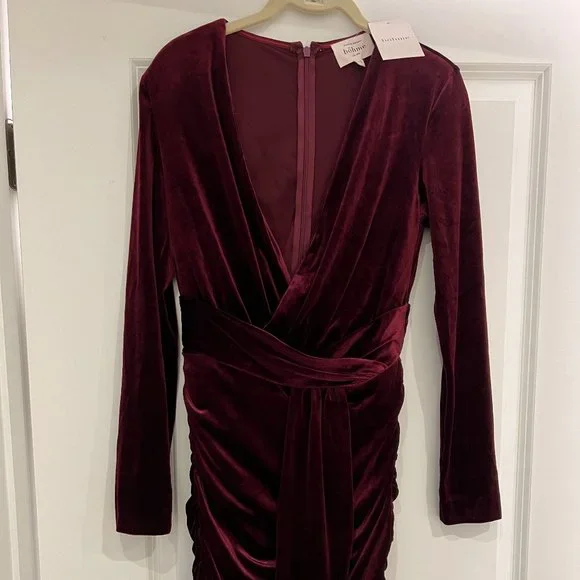 bohme | Dresses | Bohme Wine Burgundy Long Sleeve Faux Wrap Ruched Velvet  Dress Size Xs Nwt | Poshmark